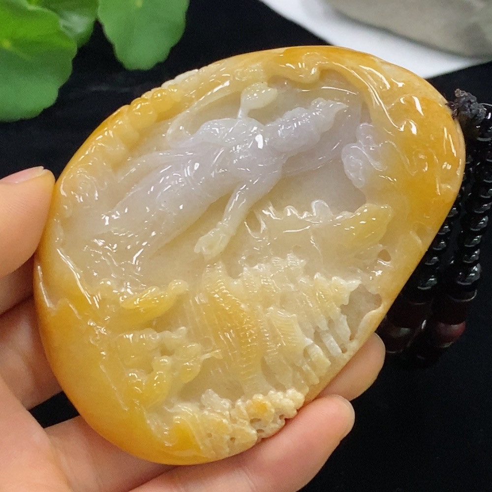 F34948768 Jadeite Landscape Pendant Total Weight Approximately 222.88g (Including Chain Weight) Yellow Part Color Origin Undetermined With Non-Type A Beads