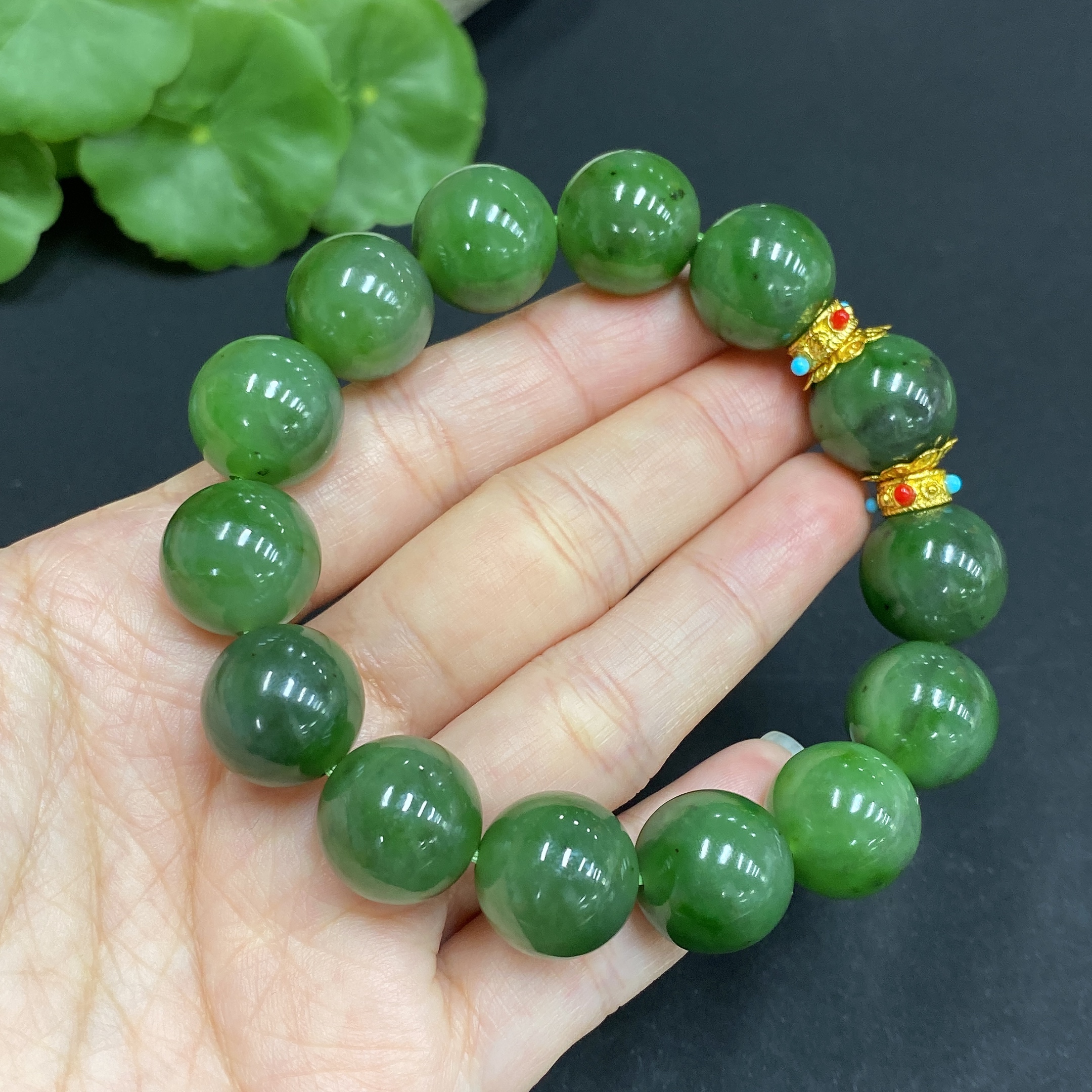 H34014627 Hetian Jade Green Jade Bracelet Approx. 14mm Non-Gold-Inlaid Total Weight About 63g