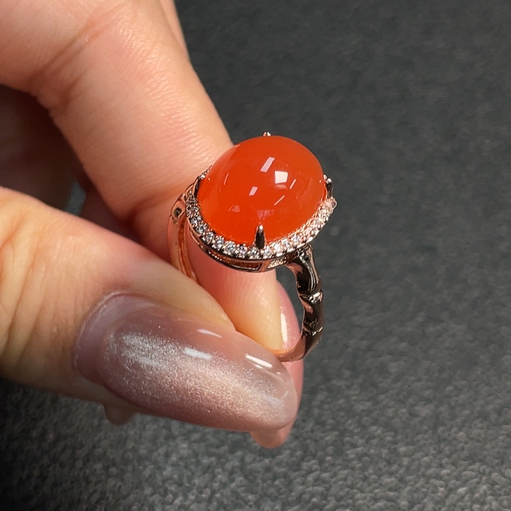 C30536316 Red Agate Inlaid Ring (Non-Gold Setting, Adjustable, Total Weight Approx. 3.83g)