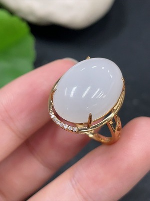 H31635221 Hetian Jade Inlaid Ring with Diamond Accents, 18k Gold, Size 15, Total Weight Approx. 4.4g