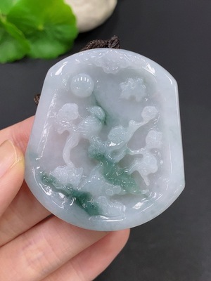 F24747910 Jadeite Magpie on Plum Branch Pendant Total Weight Approx. 33.1g (Including String Weight)