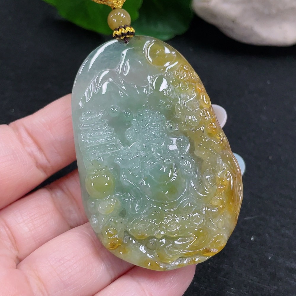 F33873770 Jadeite God of Wealth Pendant Total Weight Approx. 39.1g (Including Cord Weight) (Color Origin Undetermined)