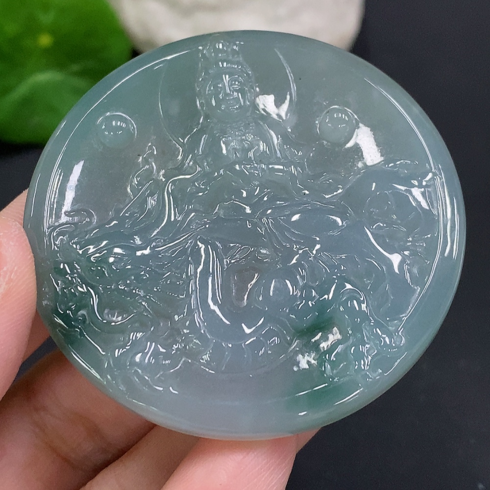 F33857927 Jadeite Dragon-Guarding Guanyin Pendant