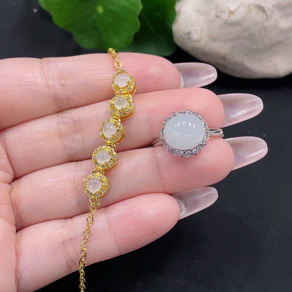 F34068921 Jadeite Inlaid Bracelet + Ring Sell as a Lot (Non-Gold Inlaid) (Adjustable)