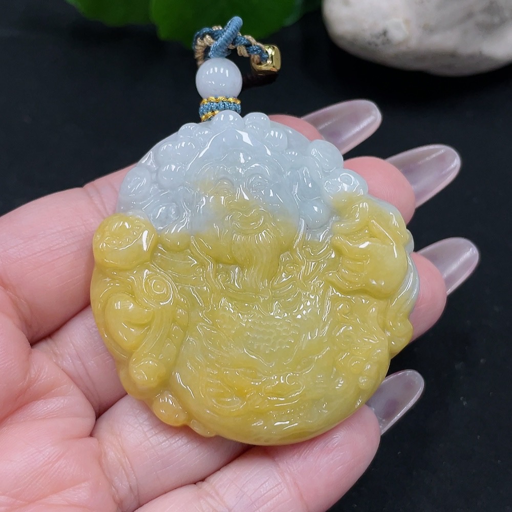 F35082311 Jadeite God of Wealth Pendant Total Weight Approx. 48.5g (Including Rope Weight)
