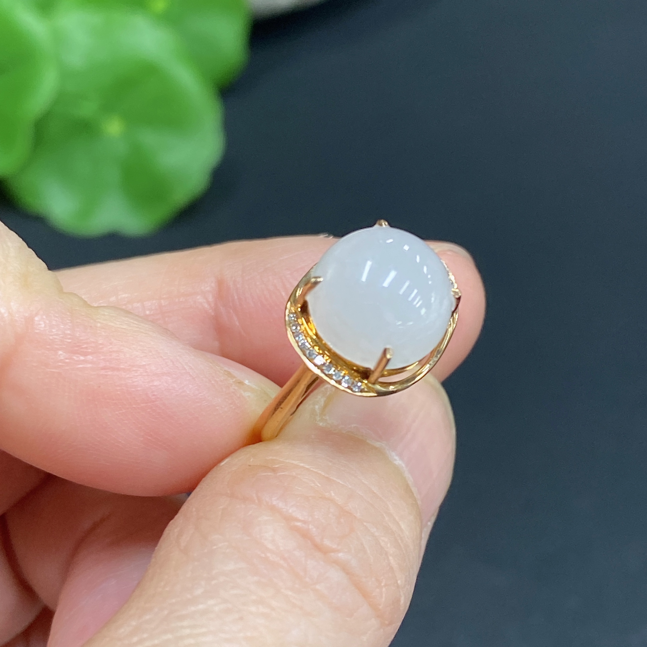H33859041 Hetian Jade Inlaid Ring 18k Gold Size 13 with Diamond Accents Total Weight Approx. 2.2g