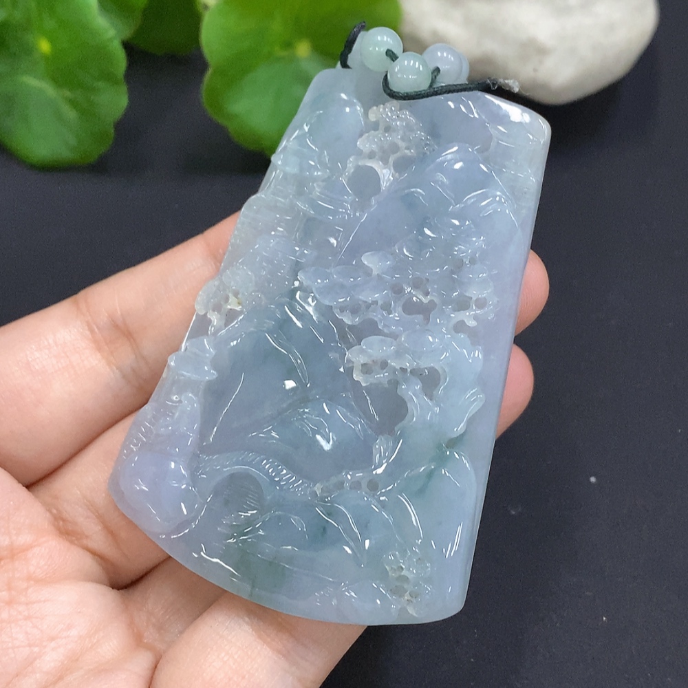 F29410913 Jadeite Landscape Pendant with Chain Total Weight Approx. 84.5g (Color Origin Undetermined)