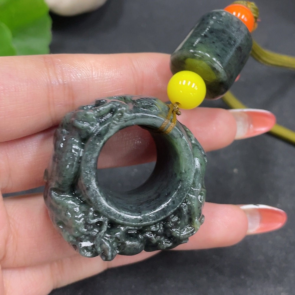 H35147522 Hetian Jade Handheld Ornament Dragon Ring with Non-Hetian Jade Beads Total Weight Approx. 67.2g (including rope)