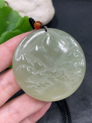 H33884873 Hetian Jade Pendant - Landscape Plaque, Total Weight (Including Rope): Approx. 43.1g