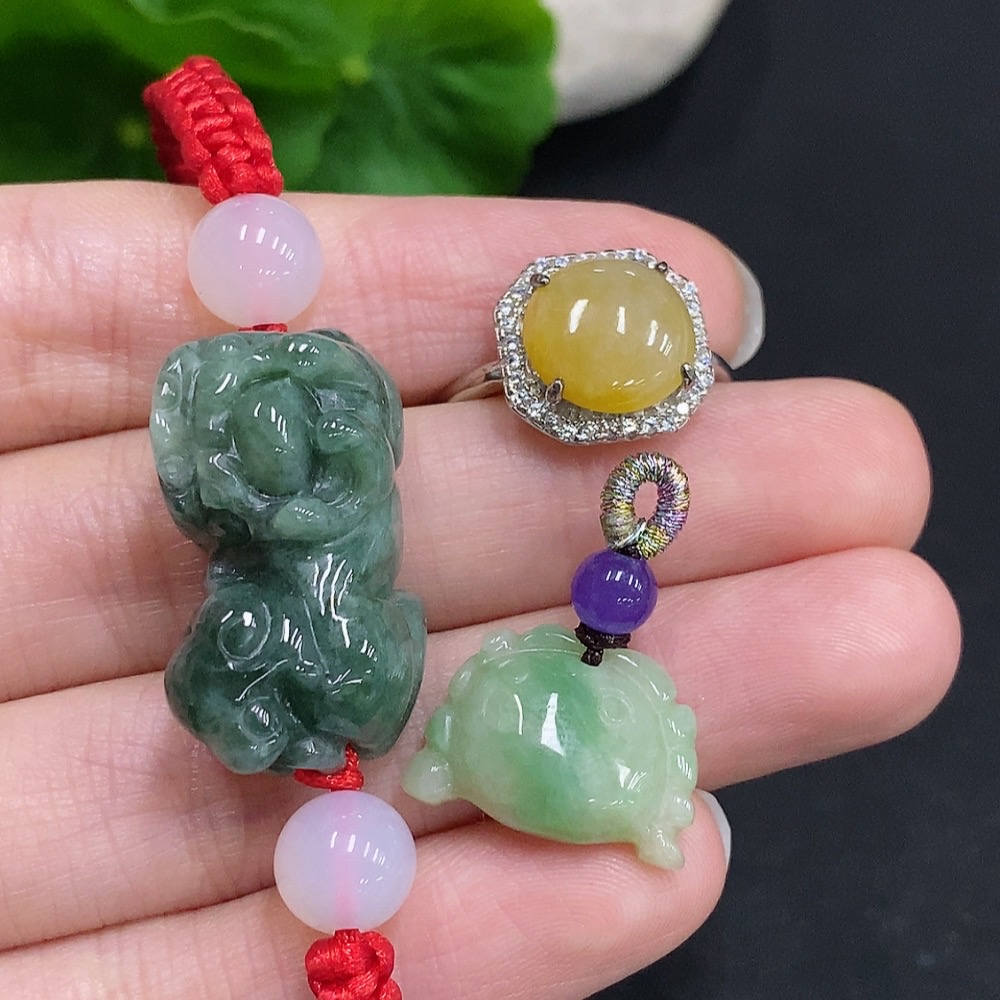 F33941314 Jadeite Pendant + Cabochon Ring + Bracelet Sell as a Lot Non-Gold Setting Adjustable Size Yellow Color Origin Undetermined Non-Jadeite Beads