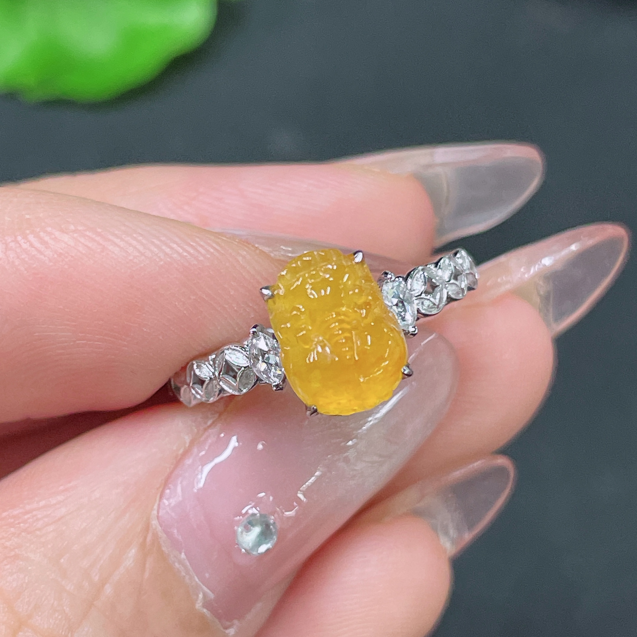 F34046740 Jadeite Inlay 18k Gold Inlaid Color Origin Undetermined With Diamond Accents Total Weight Approx. 2.31g Size 13