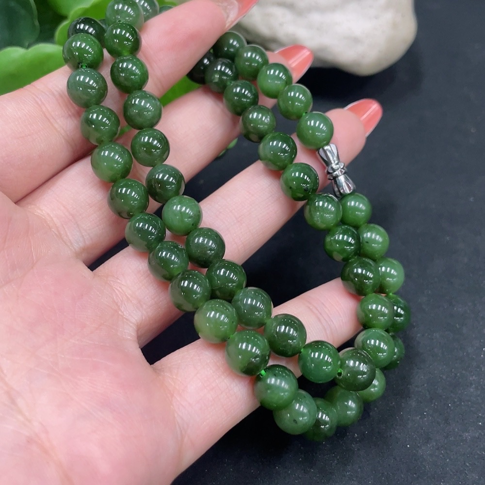 H34062393 Hetian Jade Jasper Bead Necklace Approx. 8mm Non-Gold Total Weight About 43.9g