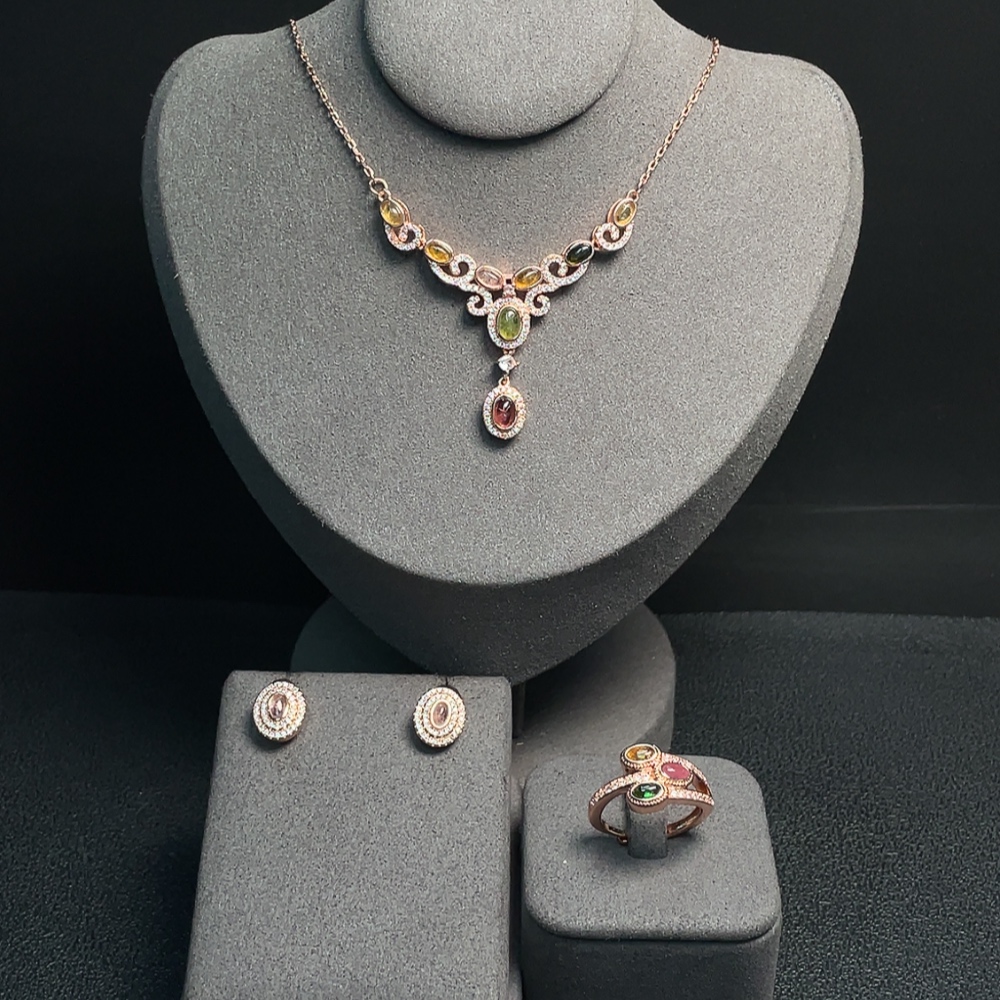 C34009057 Tourmaline Necklace + Earrings + Ring Adjustable Non-Gold Visible Organic Total Weight Approx. 14.17g Sell as a Lot