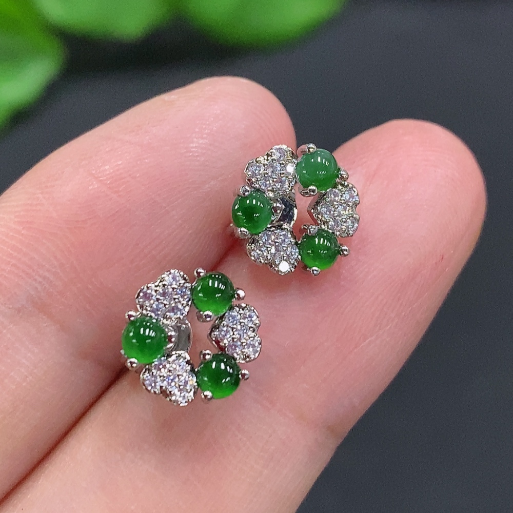 F34962303 Jadeite Cabochon Stud Earrings Non-Gold Setting Total Weight Approx.1.4g