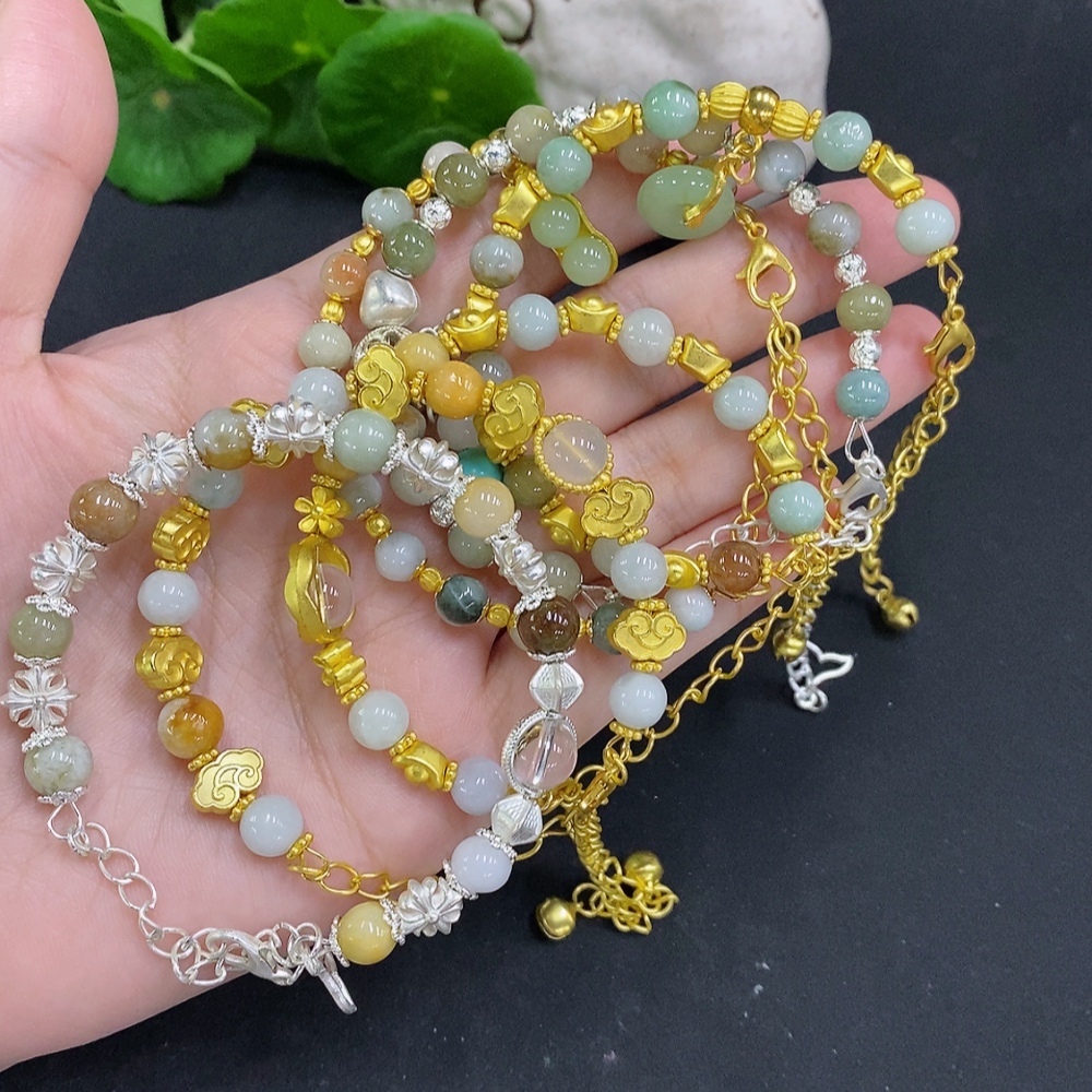 F34001794 Jadeite Bead Necklace Sell as a Lot Non-gold Setting (Yellow Color Origin Undetermined) (Contains Other Mineral Components) (Matching Beads Not Grade A)
