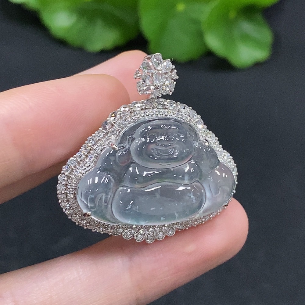 F33927642 Jadeite Buddha Pendant with 18K Gold and Diamond Accents, Total Weight Approx. 7.54g