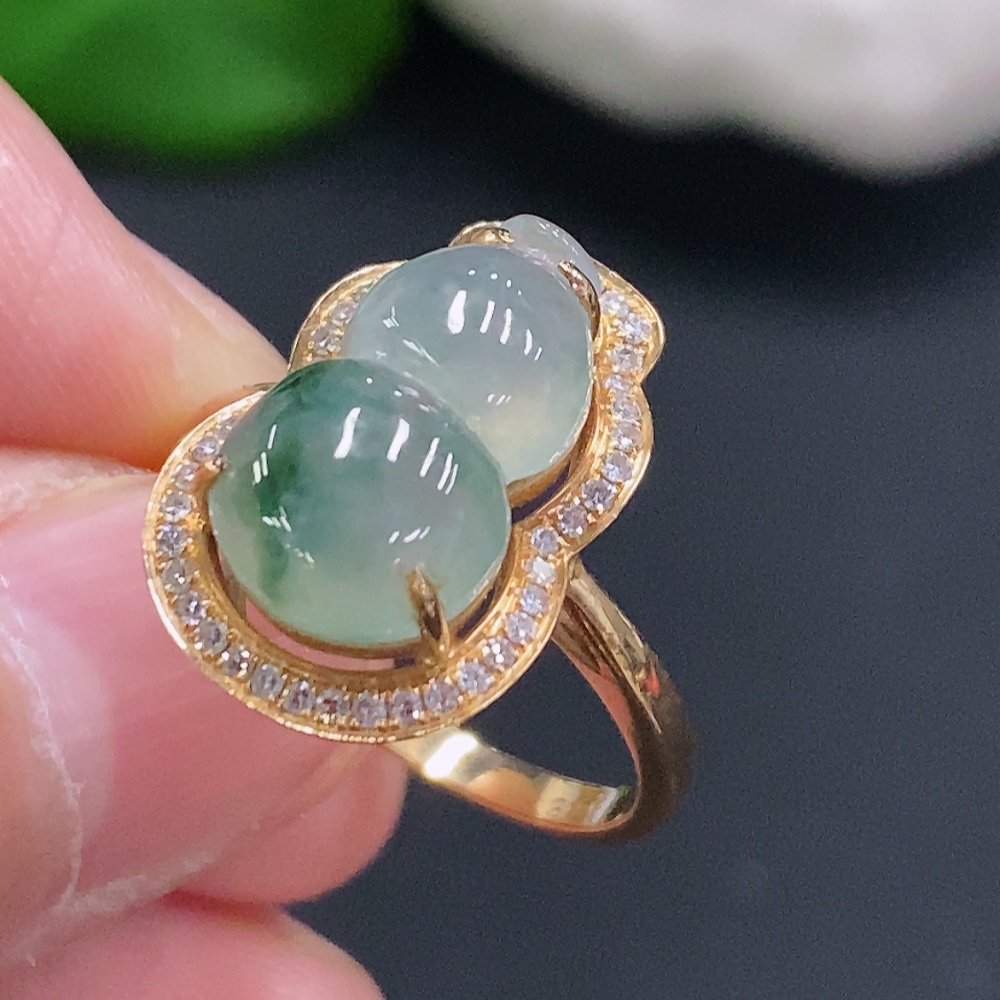F33884107 Jadeite Gourd Inlaid Ring 18K Gold Size 14 Total Weight Approx 4.4g (With Diamond Accents)