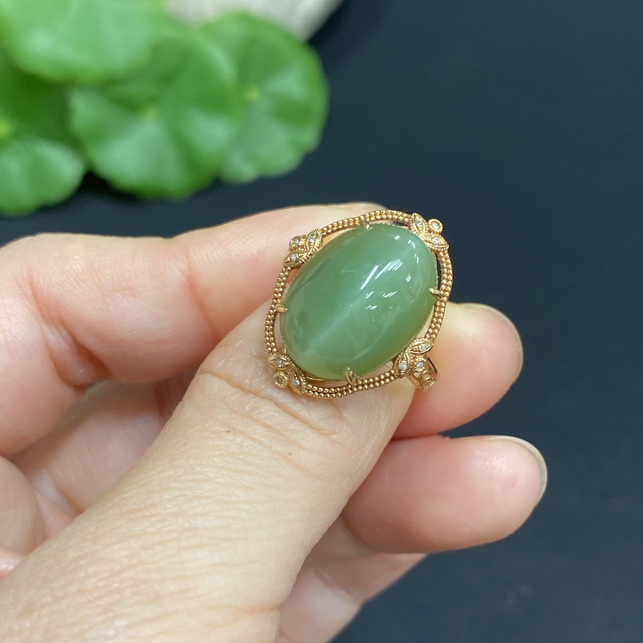 H34014389 Hetian Jade Inlaid Ring 18k Gold Size 15 Total Weight Approx. 3.2g