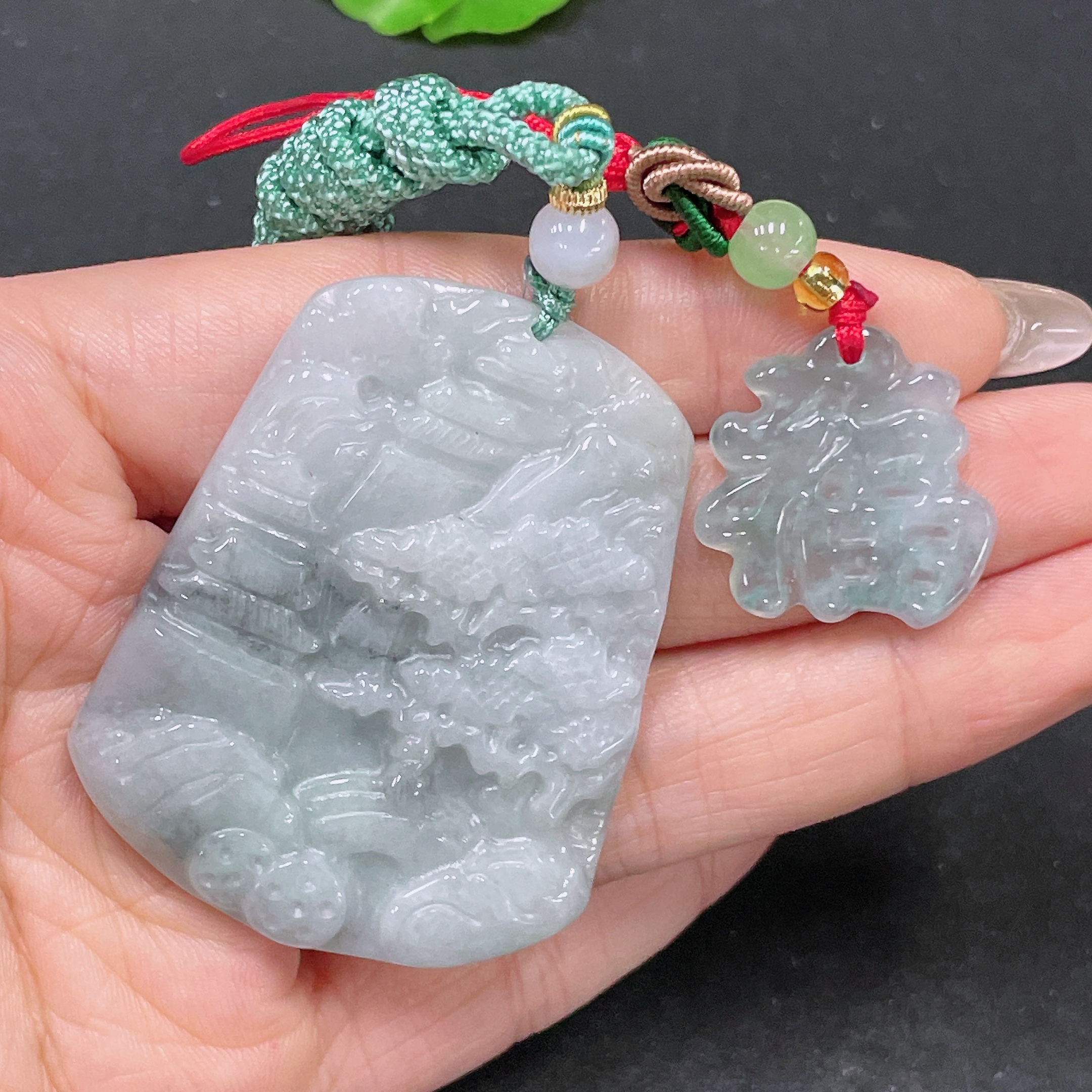 F35105397 Jadeite Pendant Landscape + Blessing Character Sell as a Lot with Non-Grade A Beads