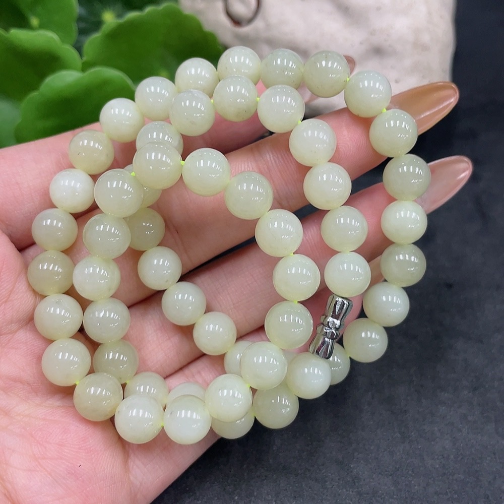H32778242 Hetian Jade Bead Necklace Approx. 7.8mm Non-Gold Total Weight Approx. 44.4g