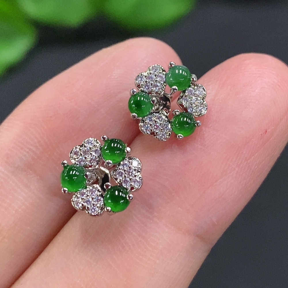 F34962303 Jadeite Cabochon Stud Earrings Non-Gold Setting Total Weight Approx.1.4g