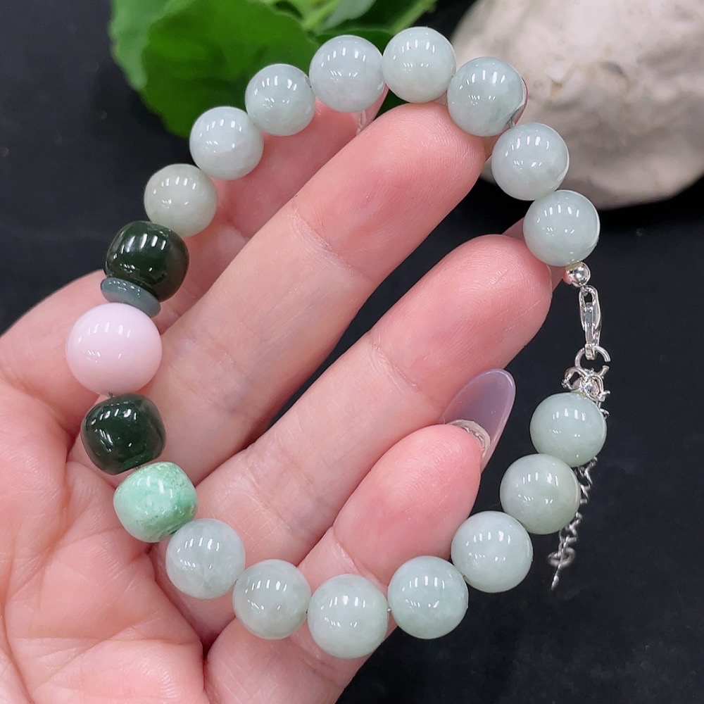 F34012270 Jadeite Bracelet Approx. 8.8mm Total Weight About 25.3g (Non-Gold Inlaid) (Matching Beads Non-A) (With Hetian Jade)
