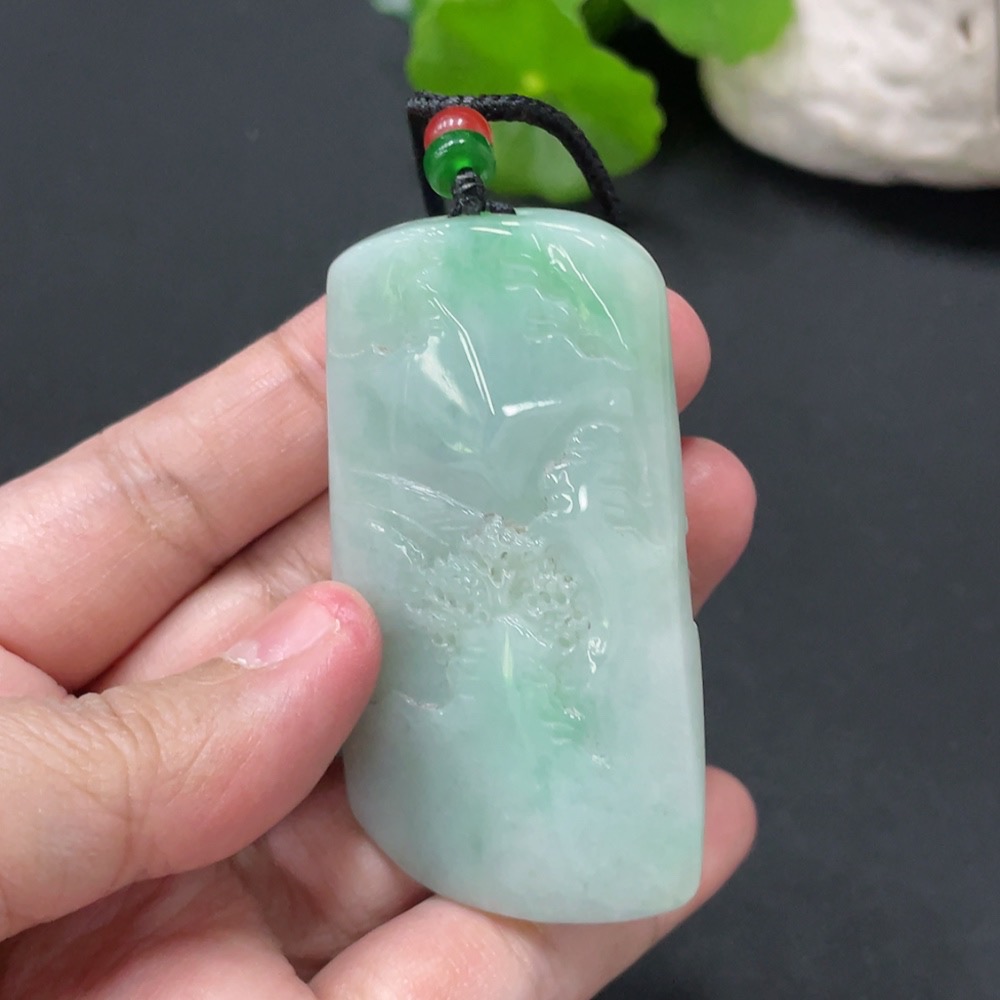 F34977295 Jadeite Pendant Landscape Plaque Total Weight Approx. 65.55g Including Rope, Beads Not Grade A