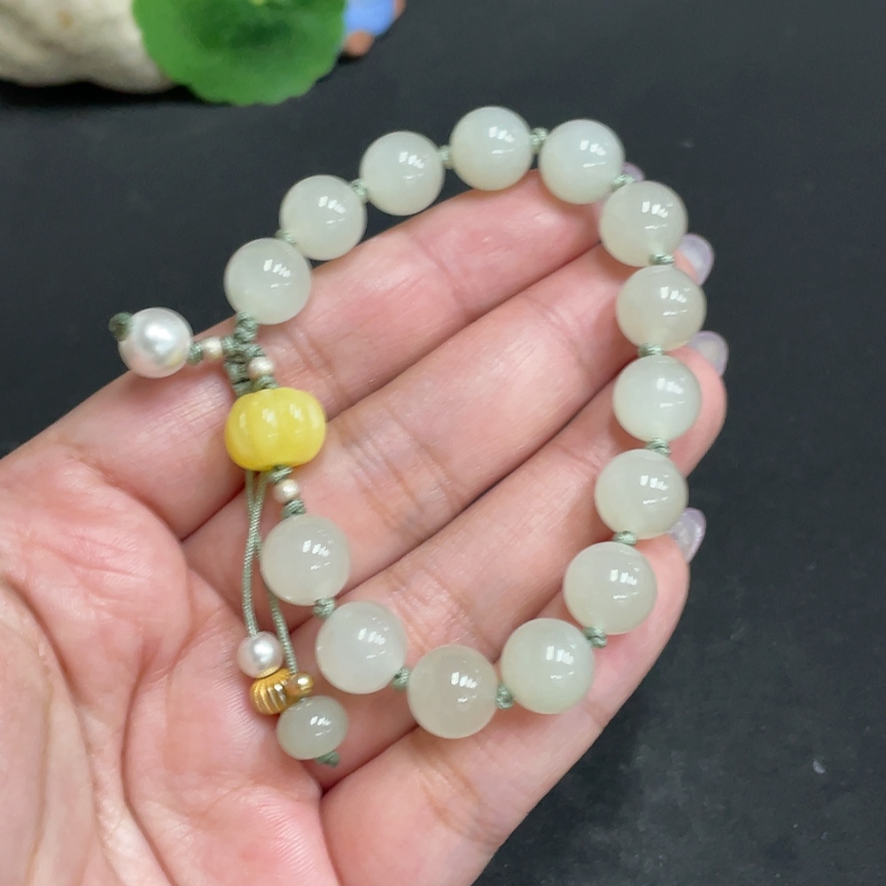 H33862731 Hetian Jade Bead Bracelet, approx. 9.9 mm, total weight about 24.8g, non-Hetian jade accessory beads