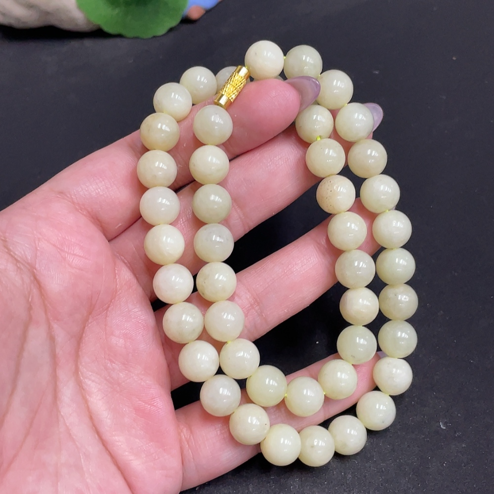 H33863574 Hetian Jade Bead Necklace, Approx. 9.2mm, Total Weight Approx. 62.9g, Non-Gold