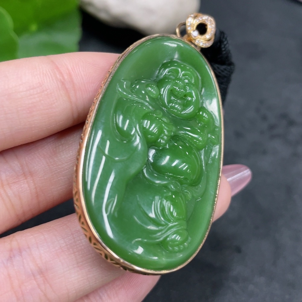 H33840403 Hetian Jade Inlaid Pendant, Buddha, Total Weight (with rope) approx. 30.2g, Large 1pc Non-Diamond, 18k