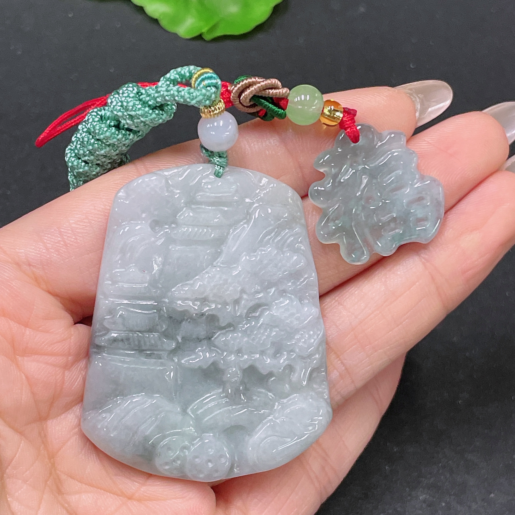 F35105397 Jadeite Pendant Landscape + Blessing Character Sell as a Lot with Non-Grade A Beads