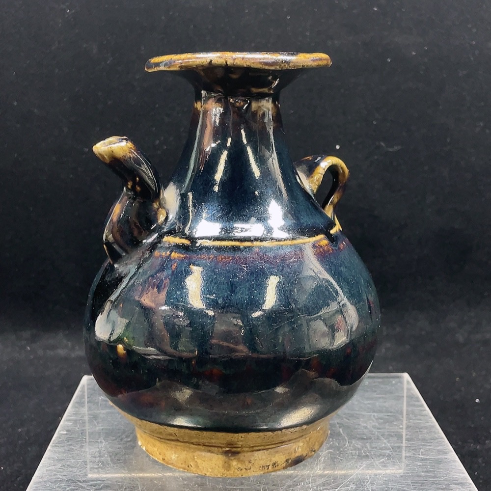 W33855132 Ceramic, intact, small kiln black-glazed handled pouring bottle, size as per actual item