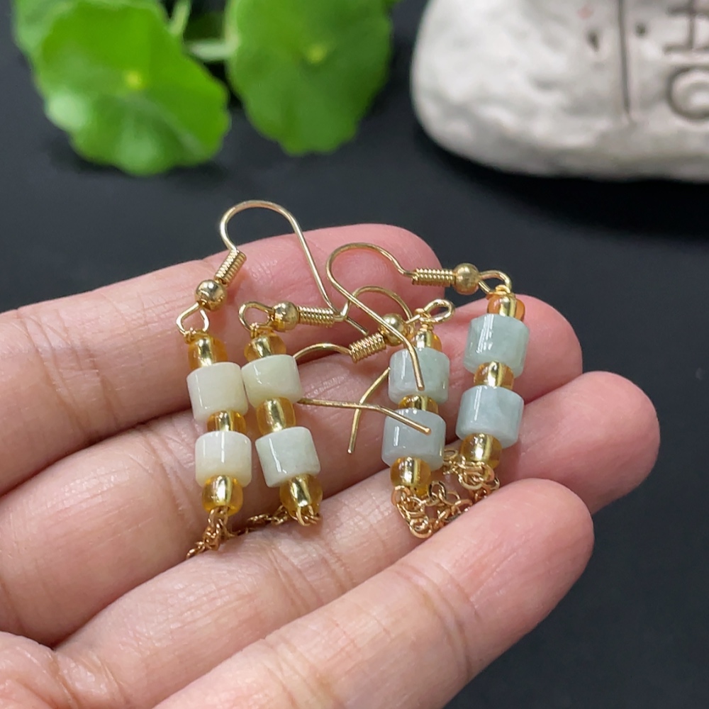 F33837842 Jadeite inlaid ear hooks, non-gold inlaid, with non-A grade beads