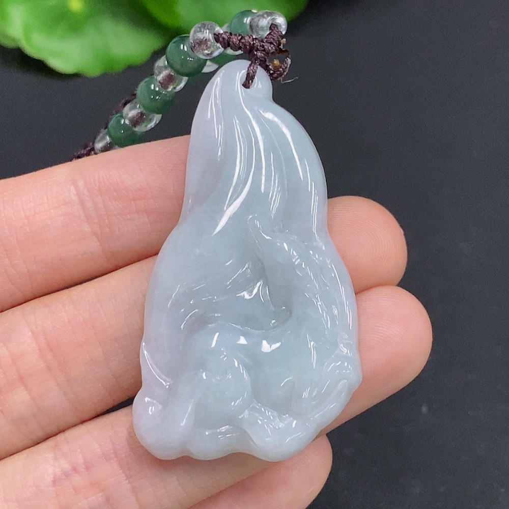F32757240 Jadeite Nine-Tailed Fox Pendant Total Weight Approx. 14.92g (Including Cord Weight) Beads Non-Grade A