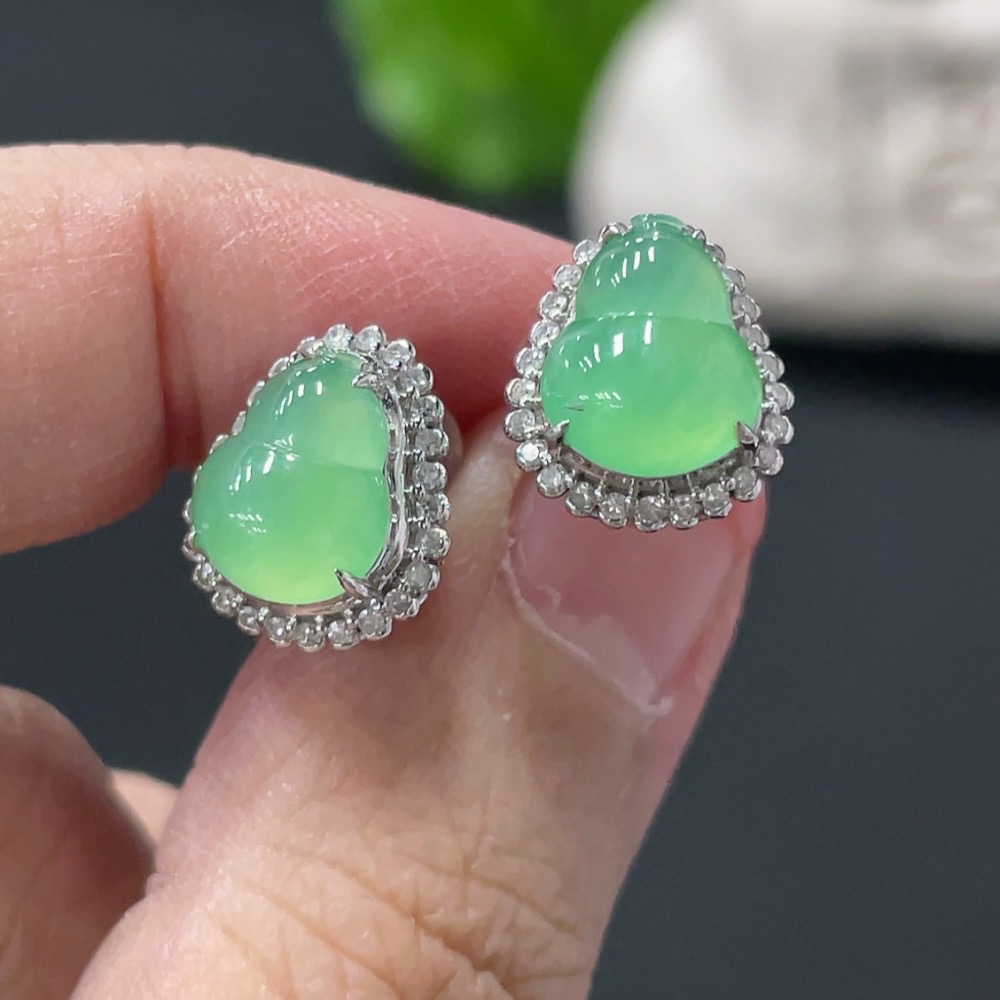 F30519099 Jadeite Earrings 18k with Diamond Accents Total Weight Approx. 3g (Excluding Ear Backs)