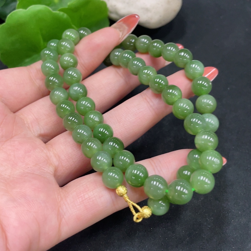 H34053449 Hetian Jade Jasper Bead Necklace, approx. 7.7mm, non-gold inlaid, total weight approx. 42.7g