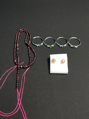 C41929233 珍珠耳钉+石榴石珠串+碧玺戒指  货品总重约15.1克 一手走