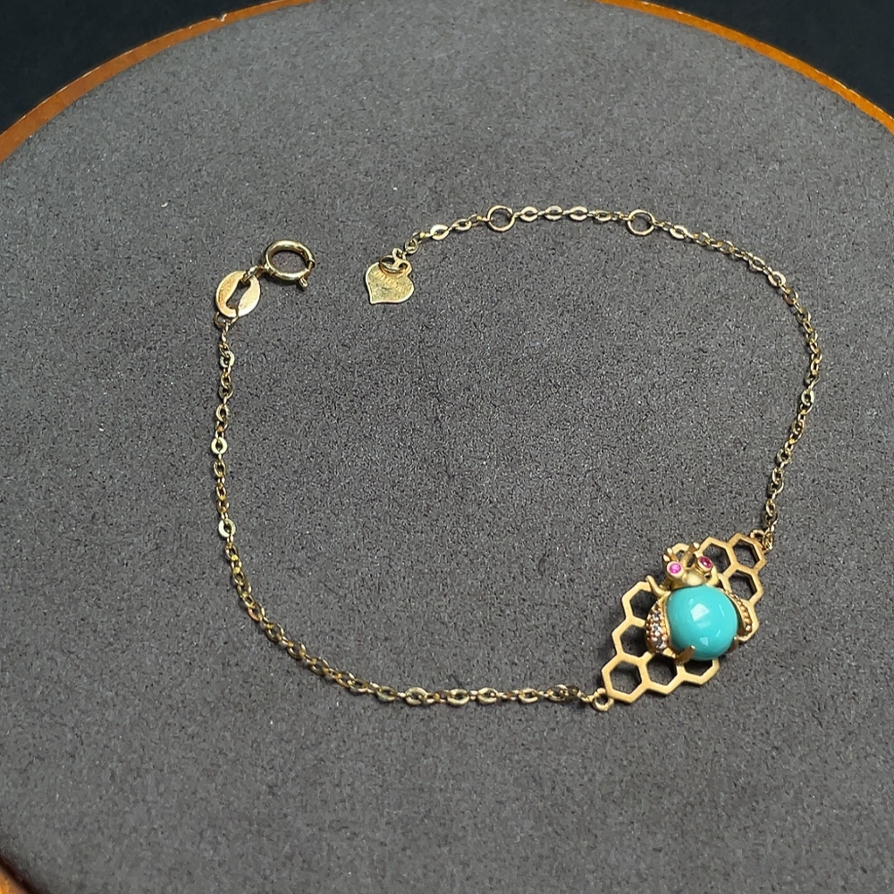 C32714397 18K Gold Turquoise Bracelet with Diamond Accents, Total Weight Approx. 1.90g
