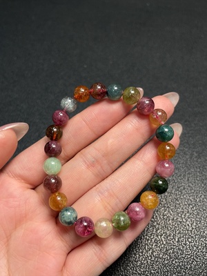 C34008466 Tourmaline Bracelet with Visible Organic Matter and Other Mineral Components, Total Weight Approx. 16.47g, Bead Size ~7.5mm