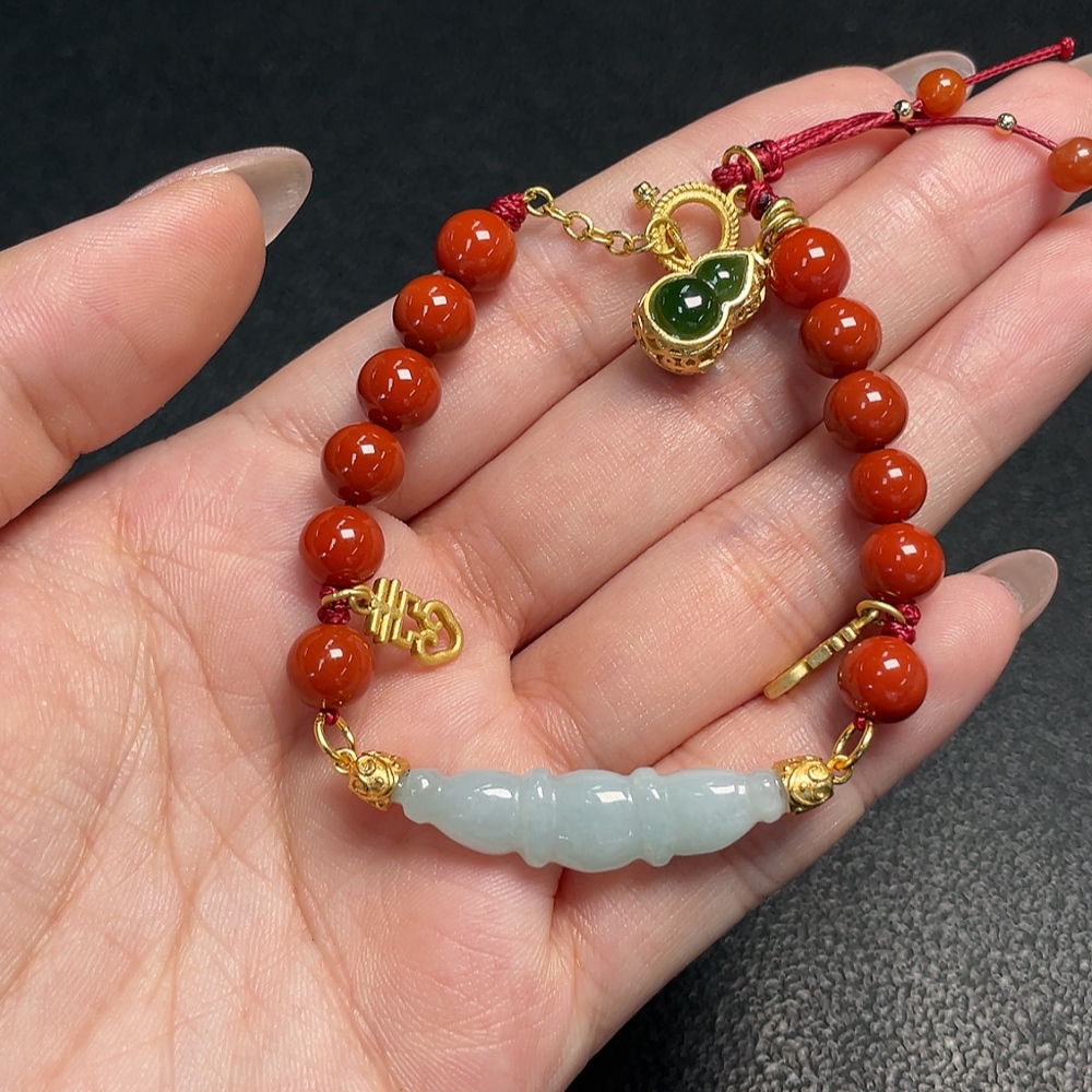 C34951511 South Red Agate Bracelet with Visible Organic Matter, Total Weight Approx. 13.92g, Size 7.3mm, Paired with Jadeite and Hetian Jade, Non-Gold