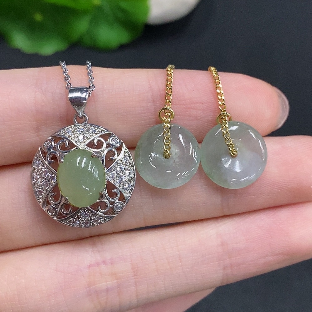 F35123842 Jadeite Cabochon Pendant + Peace Buckle Ear Threads Sell as a Lot Non-Gold Setting