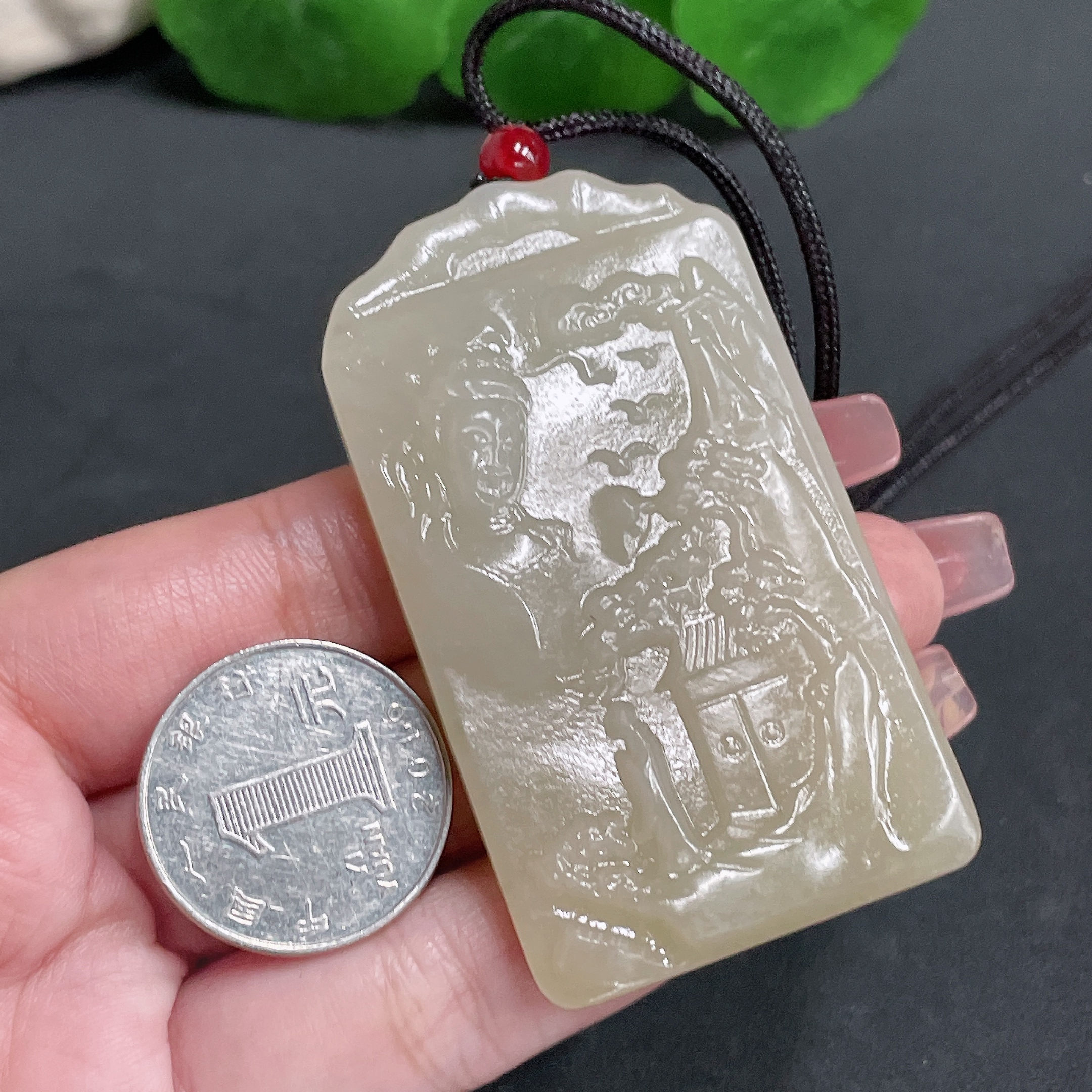 H17915134 Hetian Jade Pendant Guanyin with Cord Total Weight 49.91g