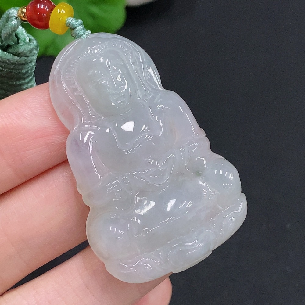 F32757816 Jadeite Guanyin Pendant with a total weight of approximately 18.1 grams (including rope weight) and non-jadeite beads