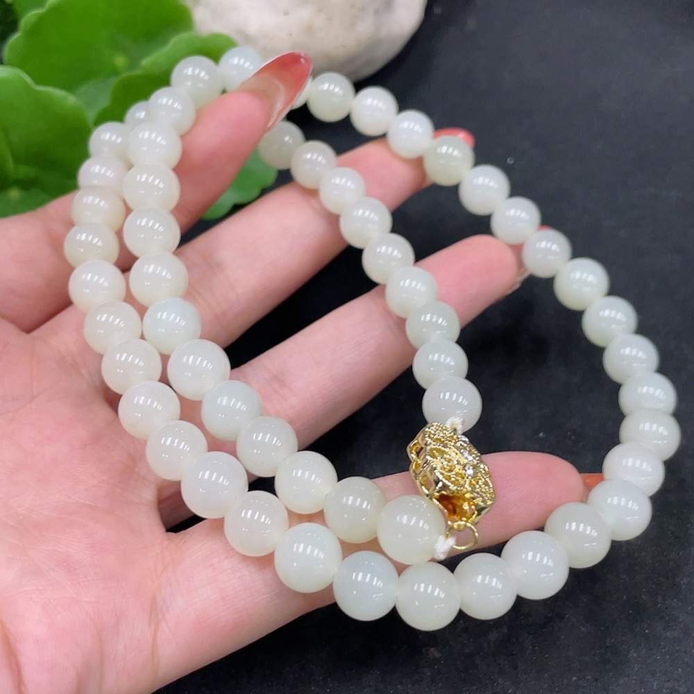 H35113567 Hetian Jade Bead Necklace Non-Gold Approximately 8.3mm Total Weight About 51.3g
