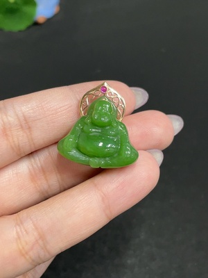 H33846497 Hetian Jade Inlaid Pendant Buddha Total Weight Approx. 8.8g 18k