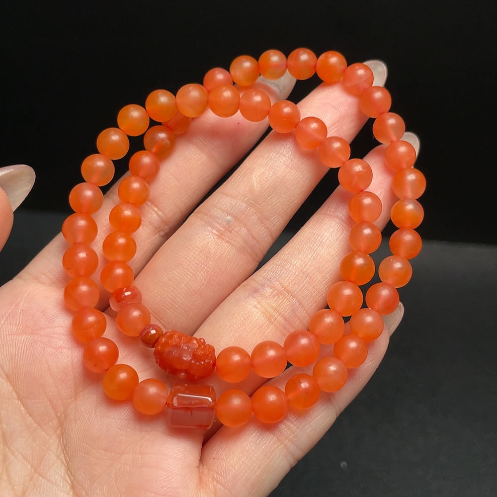C34041494 Red Agate Beaded Necklace with Visible Organic Matter, Total Weight Approx. 24.87g, Bead Size 6.5mm