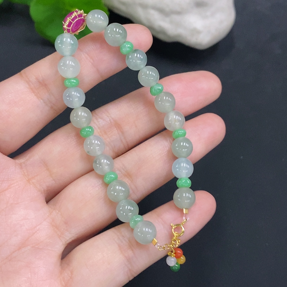 F31622252 JadeiteBead Necklace, approx. 6.7mm (18K Gold), total weight approx. 12.5g (color origin undetermined) (matching beads not Grade A)