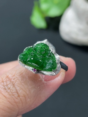 F35145613 Jadeite Buddha Inlaid Ring 18k Gold Setting Size 13 Total Weight Approx. 2.3g With Diamond (Colorless) Inlay