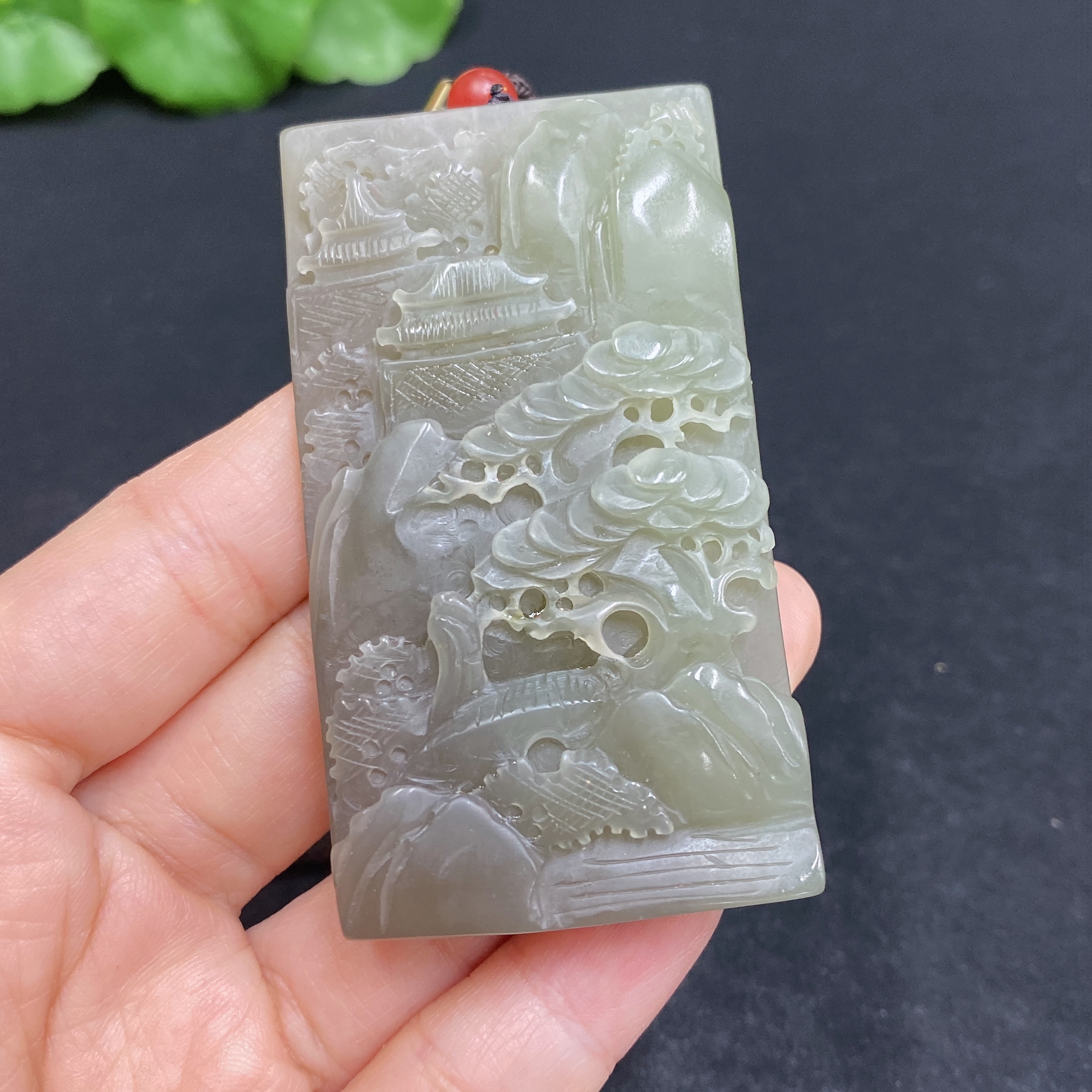 H31667452 Hetian Jade Pendant, Landscape Plaque, Total Weight (Including Rope) Approx. 66.9g