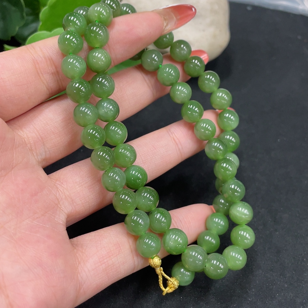 H34053449 Hetian Jade Jasper Bead Necklace, approx. 7.7mm, non-gold inlaid, total weight approx. 42.7g